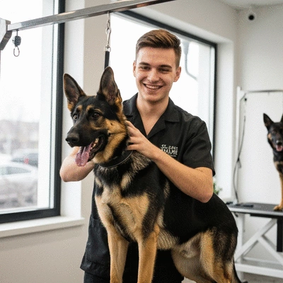 Happy dog being groomed, showing a healthy, well-maintained coat