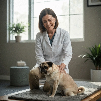 Veterinary behaviorist interacting calmly with an anxious dog, demonstrating trust-building techniques