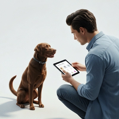 Dog owner reviewing a grooming schedule on a tablet