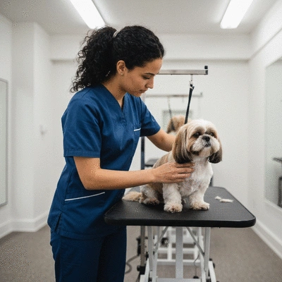 Professional dog groomer gently handling a dog on a grooming table, emphasizing safety and comfort, in a clean, professional setting, no text, no words, no typography, no labels, clean image