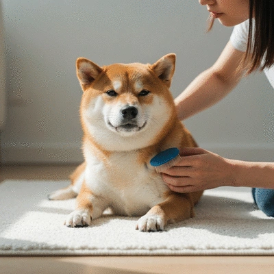 Dog being gently groomed, looking calm and happy