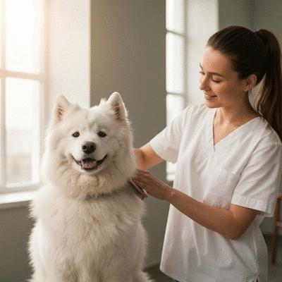 A calm dog being gently brushed by an owner, showing trust and relaxation, in a brightly lit home environment, no text, no words, no typography, no labels, clean image