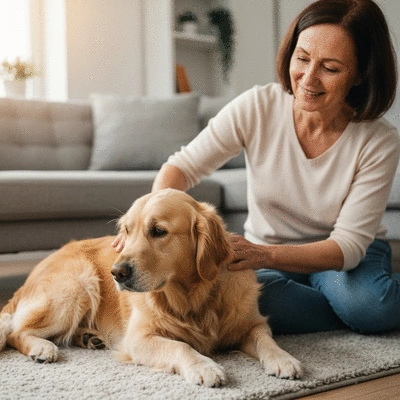 Dog being gently brushed by owner, showing healthy shiny coat
