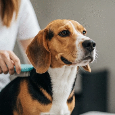 Close-up of a dog with a shiny, healthy coat being gently brushed