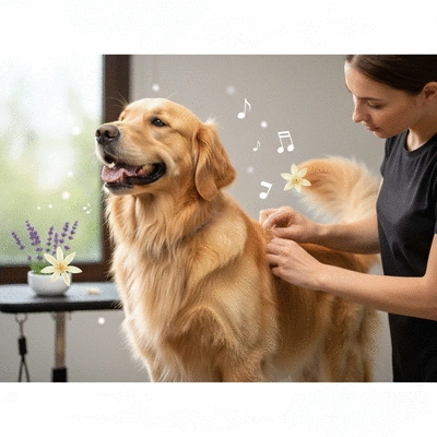 Dog happily getting groomed with calming scents and soft music in the background