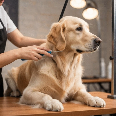 Dog calmly being groomed on a table, gentle hands, soft lighting, no text, no words, no typography, clean image