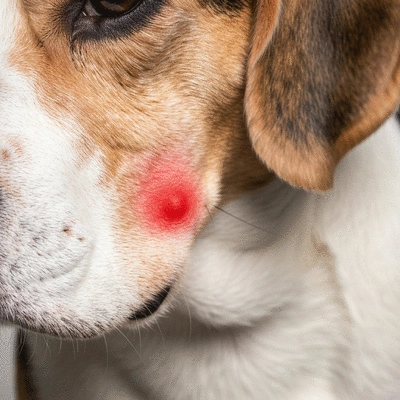 Close-up of a dog's red, irritated skin with a small hotspot, indicating sensitive skin, no text, no words, no typography, clean image
