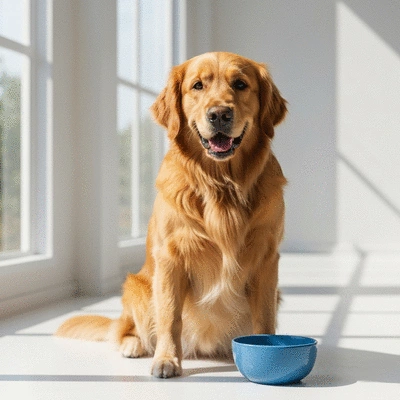 Happy dog with shiny coat eating from a bowl