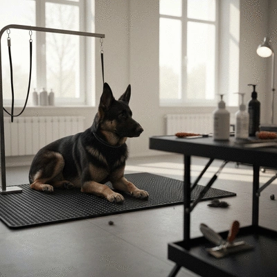 Dog relaxing on a non-slip mat in a calm grooming space