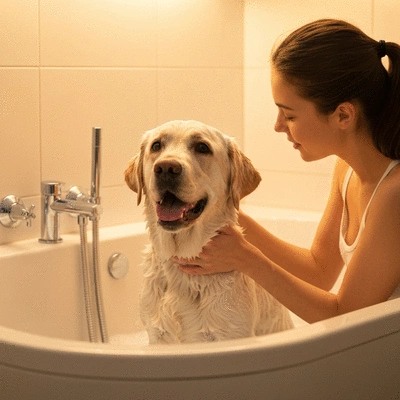 Dog being gently bathed by an owner in a clean bathtub