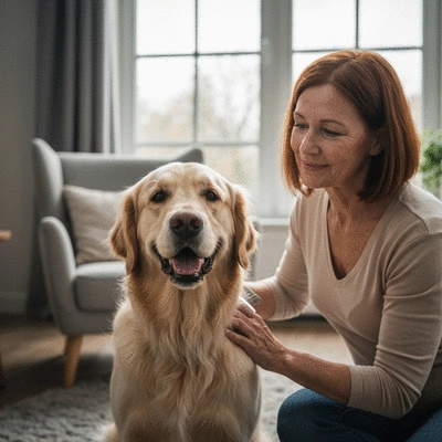Happy dog being gently brushed by owner, natural light, soft focus background
