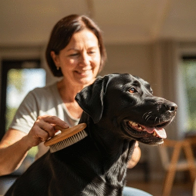 Happy dog being brushed by owner