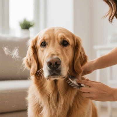 Dog being gently brushed by owner, showing minimal shedding