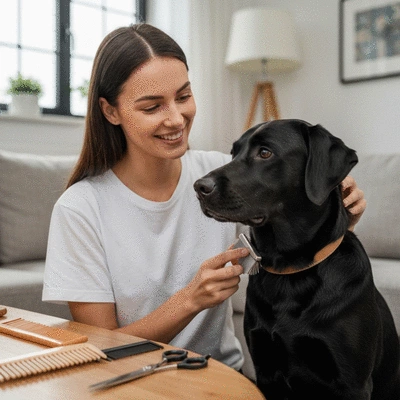 Owner gently brushing a dog's fur at home, with grooming tools visible