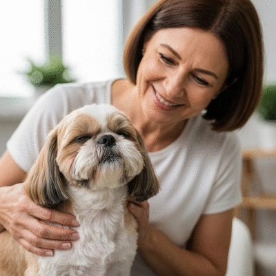 Owner comforting a happy dog after a grooming session, warm home environment, no text, no words, no typography, clean image