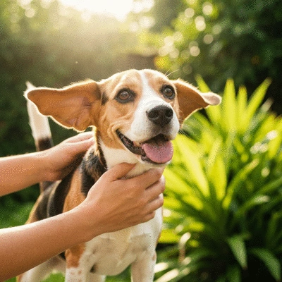 Happy dog with shiny, healthy coat being gently groomed by owner