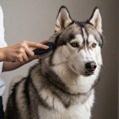 Dog being gently groomed with natural products by owner, focus on healthy, shiny coat