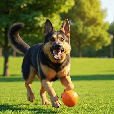 Dog playing fetch in a park, expending energy before grooming