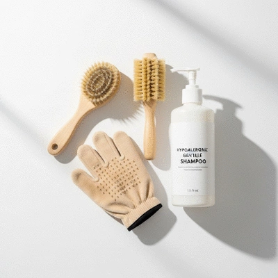 Variety of gentle dog grooming tools on a clean white background, including a soft-bristled brush, grooming glove, and hypoallergenic shampoo bottle, no text, no words, no typography, clean image
