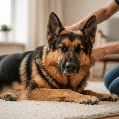 Dog being gently brushed by owner, looking relaxed