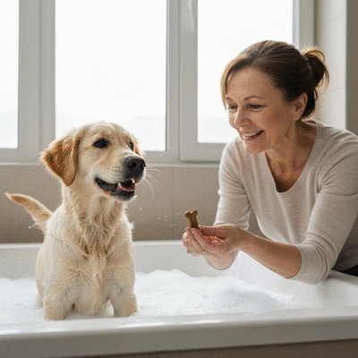 Happy dog in a bathtub with bubbles, receiving treats from owner, no text, no words, no typography, no labels, clean image
