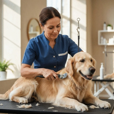 Professional dog groomer gently clipping a dog's fur in a clean salon