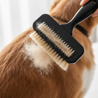 Close-up of a dog grooming brush removing loose fur from a dog's coat
