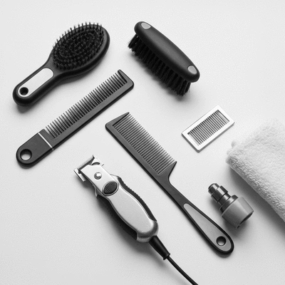 Assortment of dog grooming tools on a clean background