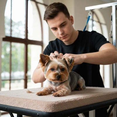 A small dog calmly receiving grooming from a professional, with a gentle touch and positive reinforcement, no text, no words, no typography, 8K