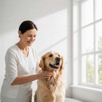 Happy dog being gently brushed before a bath