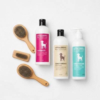 Assortment of hypoallergenic dog grooming products on a clean white background, no text, no words, no typography, clean image