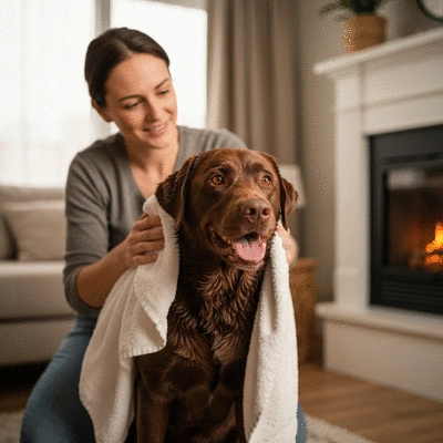 Owner gently drying a happy dog with a soft towel after a bath