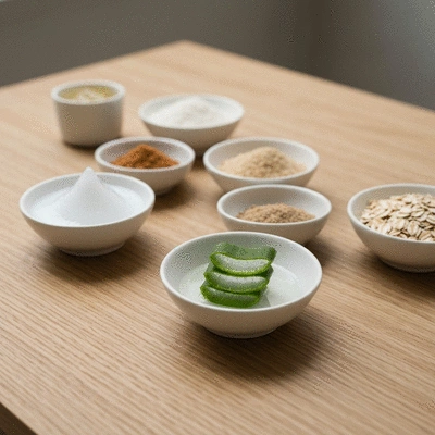 Various natural ingredients like coconut oil, aloe vera, and oatmeal in small bowls, suitable for dog grooming