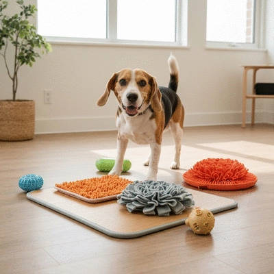 Happy dog interacting with enrichment toys during a grooming session