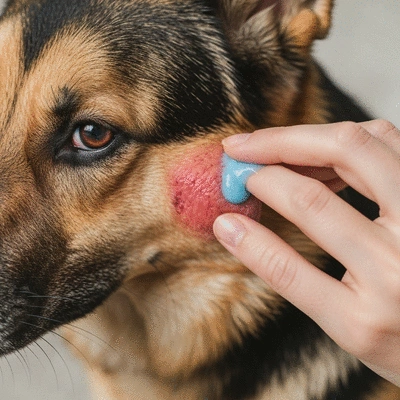 Close-up of a dog's sensitive skin showing redness and irritation, with a gentle hand applying a soothing product, no text, no words, no typography, clean image