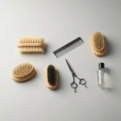 High-angle shot of various dog grooming tools neatly arranged on a clean, light-colored surface