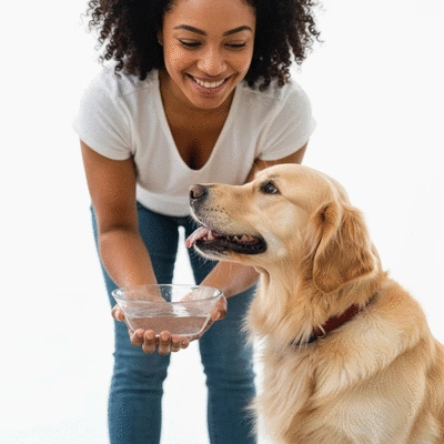 Dog owner giving fresh water to a dog