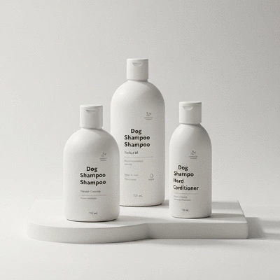 Dog shampoo and conditioner bottles with natural ingredients