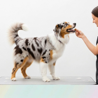 Happy dog receiving a treat during a grooming session