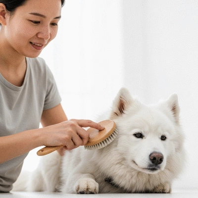 Person gently brushing a dog with a soft brush, showing positive interaction