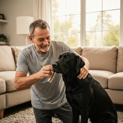 Person gently brushing a calm dog's fur