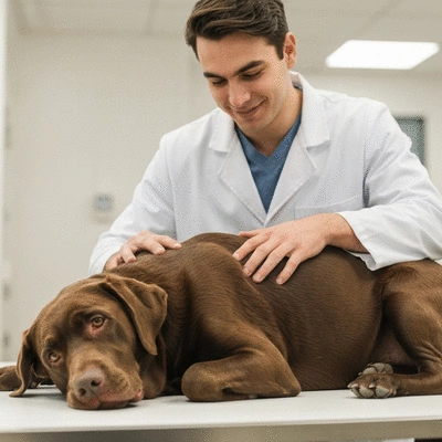 Veterinarian examining a dog's coat and skin in a clinic
