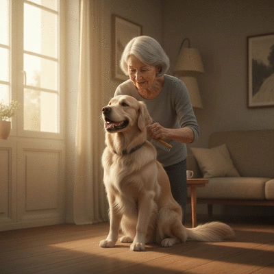 Dog being gently groomed by owner, calm and happy, soft lighting