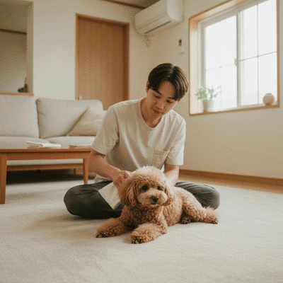 Owner gently drying a calm, fluffy dog after bath time, cozy home setting, no text, no words, no typography, no labels, clean image