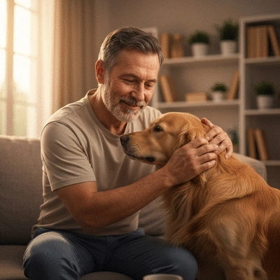 Owner gently stroking a dog's fur, showing a strong bond, warm lighting, cozy home environment