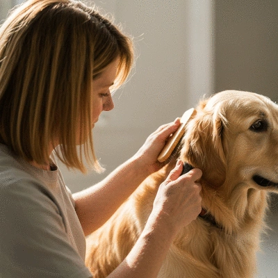 Person gently brushing a dog's fur with a slicker brush