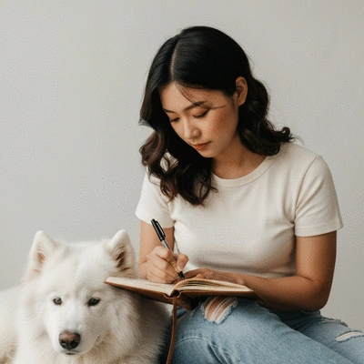 A person writing in a journal with a dog resting nearby, symbolizing tracking progress in dog grooming, clean image, no text, no words, no typography, 8K